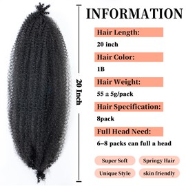 8 Packungen vorgetrennte, federnde Afro-Twist-Haarverlängerungen für Damen, natürliches schwarzes Marley-gedrehtes gehäkeltes Flechten, synthetische Haarverlängerungen für weiche Locs (1B, 50,8 cm)