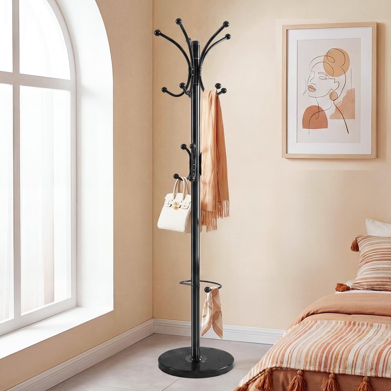 DongRong Marble Base Coat Rack Freestanding, 360° Rotary 16 Hooks