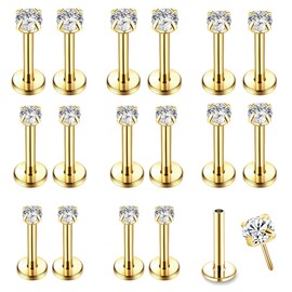 CPJJ 4 Pairs 14K Gold CZ Top Flat Back Piercing Nose Studs Lip Studs Earring Nose Piercings Flat Back Studs Earrings for Tragus Cartilage Piercing 2/3/4/5mm CZ Stones Diameter