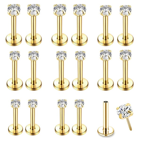CPJJ 4 Pairs 14K Gold CZ Top Flat Back Piercing