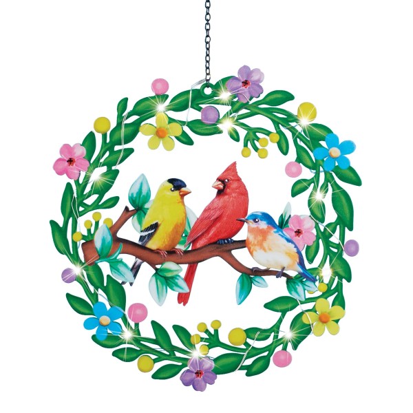 Collections Etc Solar Powered Birds in Wreath Hanging Garden Mobile