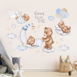 wondever Sleeping Bear On The Moon Wall Stickers Stars and Clouds Ballons Peel and Stick Wall Art Decals for Kids Bedroom Baby Nursery