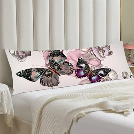 Butterfly Body Pillow Cover 20"x54" Pillow Case Butterflies Printed Long Pillow Cases Protector with Hidden Zipper Decorative Blossom Bedding Pillowcase Rectangle Soft Cushion Covers for Bedroom,Pink