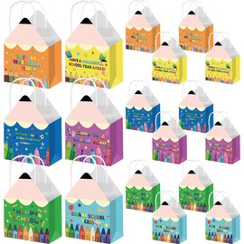 Pineraap 12Pcs Back to School Pencil Shaped Gift Bags with Handle for Students First Day of School Candy Paper Box for Teacher Appreciation Kindergarten Graduation Birthday Party, 8.3x6.3x3.1In