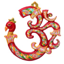 Tarini Gallery Traditional Handcrafted Colorful Metal Wall Sculpture Door Wall Hanging Décor for Home Office Hotel Temple Function Party Decoration and Gifting (Red Om Peacock)