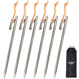 Titanium Pegs, 7.9 inches (20 cm), Titanium Alloy, Tarp Pegs, Tent Pegs, Strong, Lightweight, Rust Resistant, Camping, Outdoors, Set Up Tools, Hard Soil, Rocks, Gravel, Round Shape, Comes with Sign