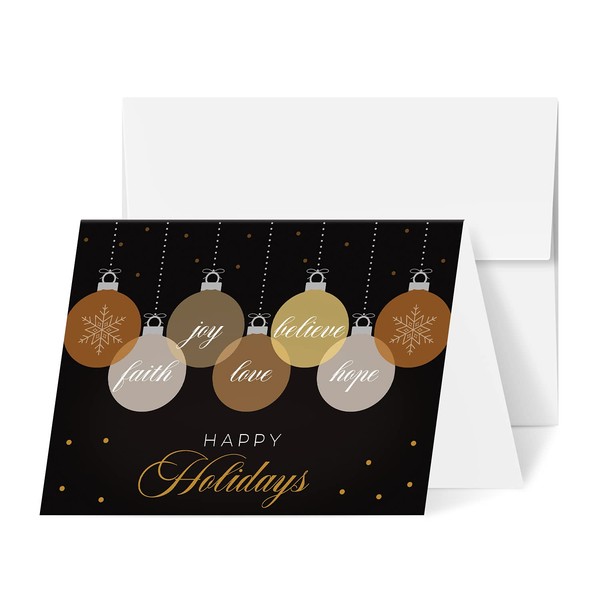 2024 "Happy Holidays, Love, Faith, Hope, Joy, Believe" Greeting Cards – Christmas and New Year Greetings, Invitations, Thank You Cards – Black & Gold – Envelopes Included | 4.25 x 5.5 | 25 per Pack