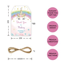 50pcs Unicorn Thank You Tags, Magic Gift Tag with String for Birthday Party, Thank You Paper Tags for Baby Girl Birthday/Unicorn Themed Gender Reveal Party Favors