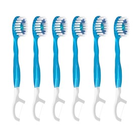 Lilbitty 6 Stück Einweg Mini Reisezahnbürsten, 5-in-1 vorpastete Mini Bürste+Zahnseide+Zahnstocher+Zungenschaber, vorpastete Zahnbürste für unterwegs mit Erfrischungsperle