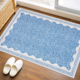 Scalloped 3x5 Area Rug Washable Non-Slip Low-Pile Indoor Rugs for Entryway Solid Blue Modern Minimalism Carpet for Bedroom Living Room Kitchen Bathroom Door Mat