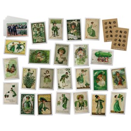 Vintage St. Patrick's Day Note Cards - 24 Antique St. Patricks Cards with Envelopes & Vintage Sticker Seals - 24 Assorted Retro Illustration Cards Printed on Antique Textured Style Cardstock
