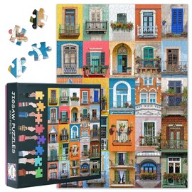 Collage of Balconies Puzzles for Adults 1000 Pieces Difficult Challenging Balcony Window Jigsaw Puzzles for Adults Collage of Windows Puzzle Perfect for Family Game Night 27.5"X19.7"