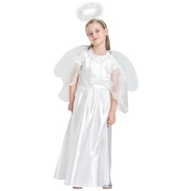 IKALI Angel Costume Kids Christmas Nativity Fancy Dress Outfit Girls Role-play White Angel Dress for Christmas Party with Wing 8-10Y