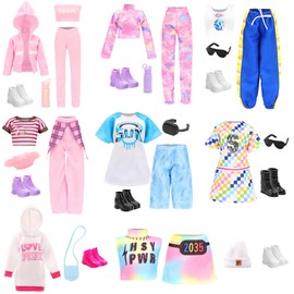 Miunana 23 Pieces Fashion Doll Clothes, 8 Set Chic Clothing Outfits Dresses Hoodie Sportswear with 8 Pairs of Shoes 7 Accessories for 11.5 Inch Dolls Gifts for Girls
