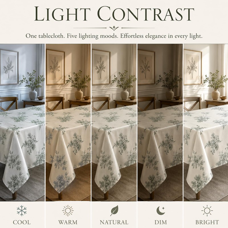 Botanical Floral Polyester Tablecloth Vintage Green Leaf Design