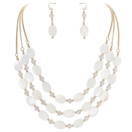 Firstmeet 3 Layered Mother of Pearl Beads Necklace with Earrings Shell Beads Pendant Jewelry for Women (XL-1085-White)