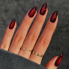 SXVME Uñas acrílicas prensadas en almendra, color negro y rojo ruborizado, con punta de aguja mediana, uñas postizas francesas ombré con pegamento, aj