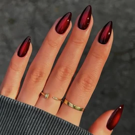 SXVME Uñas acrílicas prensadas en almendra, color negro y rojo ruborizado, con punta de aguja mediana, uñas postizas francesas ombré con pegamento, aj