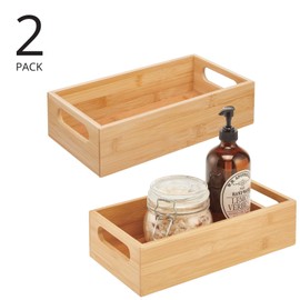 mDesign Set of 2 Storage Boxes with Handles - Practical Wooden Storage Box - Cosmetic and Care Products - Bamboo Open Shelf for Bathroom - Natural