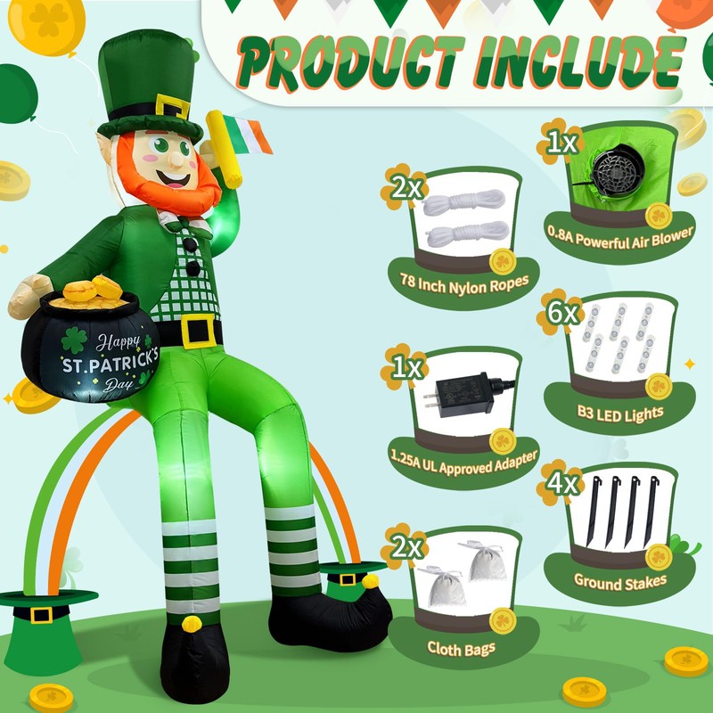 OurWarm 8FT St. Patrick's Day Inflatable Decorations Outdoor, Sitting Leprechaun