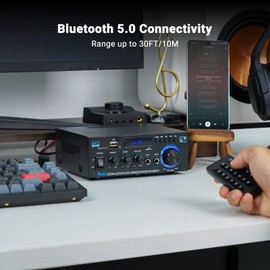 Stereo Receiver & Amplifier Home Audio Amp, AK45 Bluetooth Receiver for Home Stereo, 300Wx2, Bluetooth 5.0, 2 Channel, w/FM & Karaoke, w/USB/SD/RCA/MIC/FM in, w/Remote, for Garage Party Market