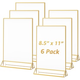 MaxGear 8.5x11 Gold Acrylic Sign Holder 6 Pack, Wedding Gold Table Number Holders, Double Sided Picture Frame Paper Stand Photo Display, Clear Menu Flyer Stand for Wedding, Home, Restaurant