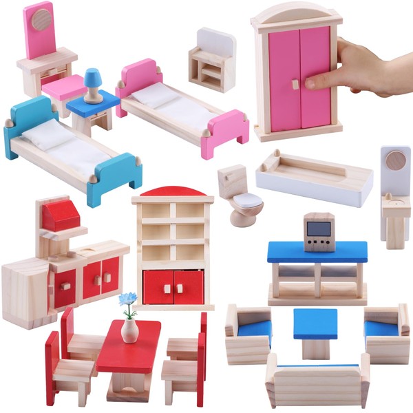 Toydaze Wooden Dollhouse Furniture Set with 35pcs Furnitures with 4 Family Dolls, Dollhouse Accessories are Gift for Girls Boys Age 3+