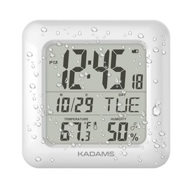 KADAMS Bathroom Clock 9.5" Kitchen Wall Clock with Large LCD Screen – Shower Clock with Suction Cup,Temperature, Humidity, Calendar – Water-Resistant, 4 Mounting Options, White