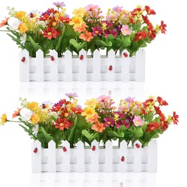 XONOR Artificial Flower Plants - Mixed Color Daisies in Picket Fence Pot for Indoor Office Wedding Home Decor, 2 Sets