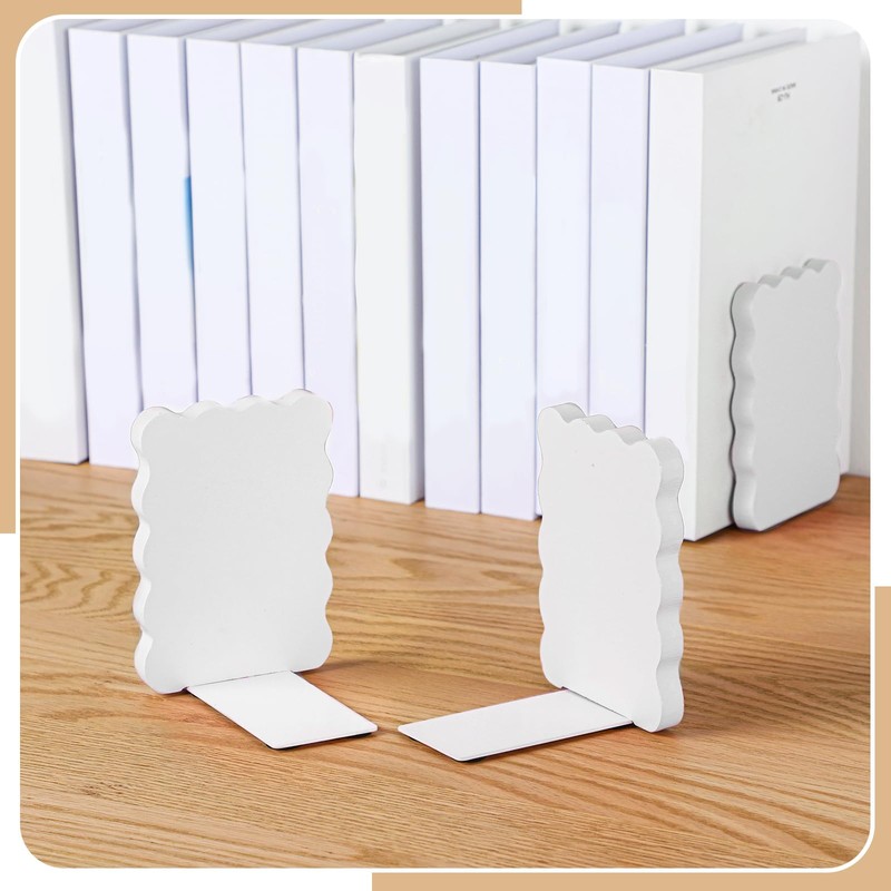 Skyygemm White Wood Scalloped Bookends for Shelves, Non Slip Decorative