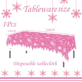 Pink and White Snowflake Tablecloths for Christmas Party,130*220cm Christmas Winter Snowflakes Table Cover Disposable Plastic Table Cloth for Winter Holiday Birthday Xmas Party Supplies Decorations