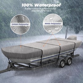 RVMasking 1200D Reinforced Jon Boat Cover with Motor Cover Heavy Duty Waterproof Trailerable Cover, 12'-14' Long, Beam Width up to 70", Gray