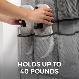 HOME GENIE Over the Door Hanging Shoe Organizer, 24 Breathable Mesh Pockets, Closet Rack Storage Holder, Stay in Place Hooks Hang on Closets, Hanger Holds Up to 40 lbs for Shoes, Accessories, Gray