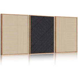 KAIRNE Beige Textured Wall Art Set of 3, Minimalist Neutral Framed Wall Decor, Modern Brown and Black Canvas Wall Artwork for Living Room, Bedroom & Office 16×24 inch