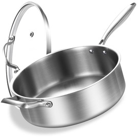 LOLYKITCH 5 QT Tri-Ply Stainless Steel Sauté Pan,12 Inch Deep Frying Pan with Lid,Large Skillet,Jumbo Cooker,Induction Cooking Pan,Dishwasher and Oven Safe.