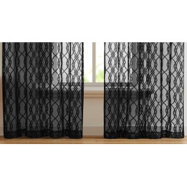 LINENZONE Geometric Curtains for Living Room or Dining Room Decor. Beautiful Sheer Lace Black Curtains with Moroccan Pattern for Modern Home. 54 x 63 Inch Curtains. (Giselle 54 x 63, Black)