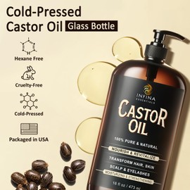 INFINA ESSENTIALS Pure Cold Pressed Castor Oil - Hexane Free, Glass Bottle for Hair Growth, Face, Scalp, Skin & Eyelashes - Nourishing and Moisturizing - 16 fl oz