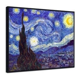 Pyradecor Large Black Framed Starry Night Van Gogh Oil Paintings Reproduction Canvas Prints Abstract Landscape Pictures Canvas Wall Art for Home Office Decorations