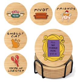 Guokoko Friends TV Show Themed Merchandise Gifts for Fans, Friends Coasters for Drinks, Funny Coasters Set with Holder Set of 6, Cork Coasters for Coffee Table, Cute Coasters for Home Decor