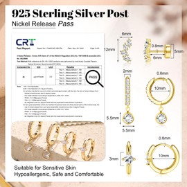JeweBella 3 Pairs of Earrings Silver 925 Set for Women Hypoallergenic 14K Gold-Plated Small Stud Earrings Silver 925 Hoop Earrings Stackable Zirconia FlatBack Stud Cartilage Earrings Set for Multiple