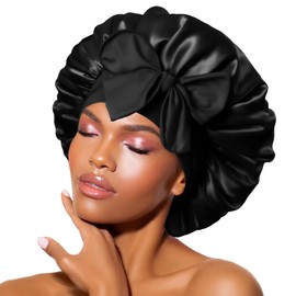 BONNET QUEEN BONNET QUEEN Silk Bonnet for sleeping Women Satin bonnet Hair Bonnet Night Sleep Cap Scarf wrap for Curly Hair with tie Band Black