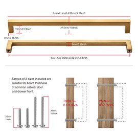 TUNNY 5 Pack Square Solid Cabinet Handles-8.8"/224mm Screw Spacing Brushed Champagne Gold Furniture Hardware Handles for Kitchen Cabinets Bedroom Dresser Wardrobe Cabinet Pulls