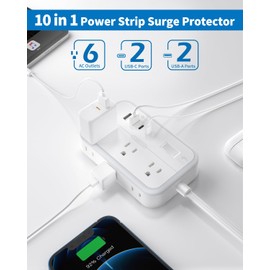 10 ft Flat Extension Cord, Flat Plug Surge Protector Power Strip with 6 Outlets 4 USB Ports, Wall Mounted Outlet Extender, Overload Protection for Indoor, Home, Office Supplies, Dorm Room Essentials