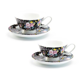 Gracie Bone China Black Petite Rose Teacup And Saucer 8-Ounce (Set of 2)