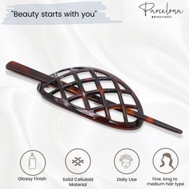 Parcelona French Criss Cross Pattern Tortoise Shell Brown Cellulose Acetate Made in France Chignon Bun Cover Ponytail Holder Hair Slider Pin Thru Updo with Stick for Women and Girls