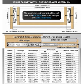 YENUO Heavy Duty Drawer Slides Full Extension with Lock Side Mount 12 14 16 18 20 22 24 26 28 30 32 34 36 40 Inch Metal Rails Track Guide Glides Runners 110 Lb 1 Pair (with Lock, 24 inch)
