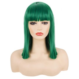 Morvally Short Straight Bob Wig Heat Resistant Hair with Blunt Bangs Natural Looking Cosplay Costume Daily Wigs (14", Green)