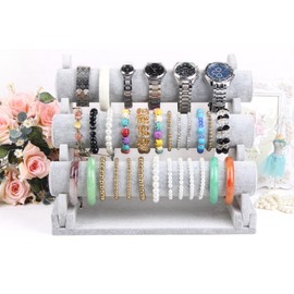 Wudygirl Triple Bracelet Holder Velvet Jewelry Display Stand Watch Bangle Bar Necklace Storage Organizer Gray (Ice Velvet 3 Tier)