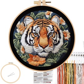 FONNUY Tiger Floral Embroidery Kit, Cross Stitch Kits for Beginners, Handmade Crafts with Printed Patterns for Beginner Adults, Easy to Follow Color Thread Needlework, 8'' Hoop