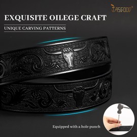 JASGOOD Western Leather Belt Strap for Men Engraved Cowboy Belt Strap without Buckle 1.5'' Wide Long Horn Bull Western Belt